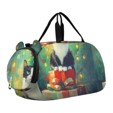 Imagem de Bolsa esportiva para meninos, bolsas noturnas, para viagens, crianças, academia, academia, chapéu marrom, Lindo chapéu de árvore de gato de Natal, Clássico