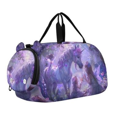 Imagem de Bolsa esportiva para meninos Highland Cow Pink Glasses Overnight Weekender Bolsa de viagem para meninas, Unicórnios roxos, Clássico