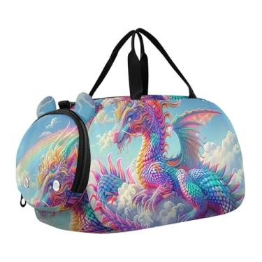 Imagem de Bolsa esportiva para meninos Highland Cow Pink Glasses Overnight Weekender Bolsa de viagem para meninas, dragão arco-íris, Clássico