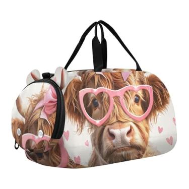 Imagem de Bolsa esportiva para meninos Highland Cow Pink Glasses Overnight Weekender Bolsa de viagem para meninas, óculos highland cow pink, Clássico