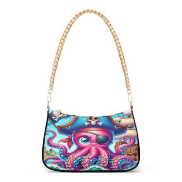 Imagem de Linda bolsa de ombro com corrente de capitão de polvo, bolsa feminina Hobo com estampa artística, bolsa moderna para uso diário e festa