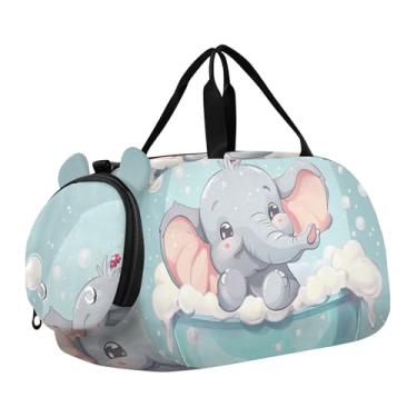 Imagem de Bolsa esportiva para meninos, bolsa de viagem com olhos verdes de coruja roxa para crianças, Elefante fofo azul claro, Clássico