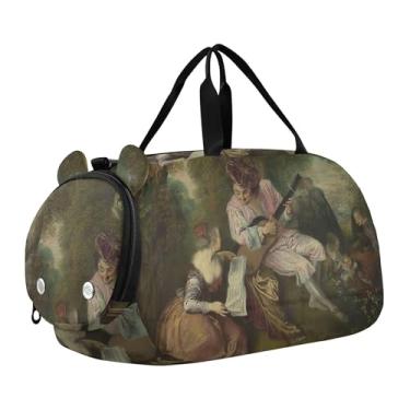Imagem de Bolsa esportiva Hubert Robert para meninas com pintura de paisagem para viagem durante a noite com compartimento para sapatos, bolsa esportiva para meninos, Antoine Watteau grava Love Song, Clássico