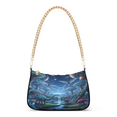 Imagem de Bolsa de ombro colorida com corrente de dinossauros descolados, bolsa feminina Hobo com estampa artística, bolsa média para uso diário e festa