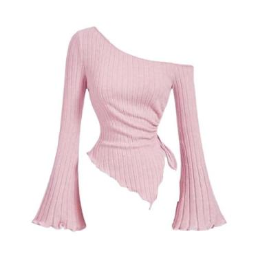 Imagem de Camiseta Casual Feminina De Manga Longa Com Um Ombro, Estilo Europeu-A