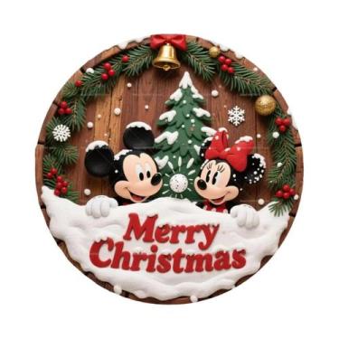 Imagem de Feliz Natal Disney Mickey Minnie Placa Redonda Personalizada De Madeir