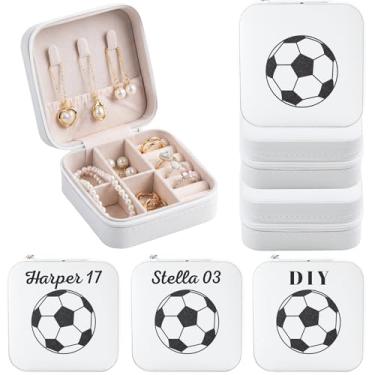Imagem de Mindoub Pacote com 6 caixas de joias portáteis de futebol para fazer você mesmo nome pessoal da equipe pequena viagem estojo de joias esportivas brancas presentes para jogadores de times de futebol