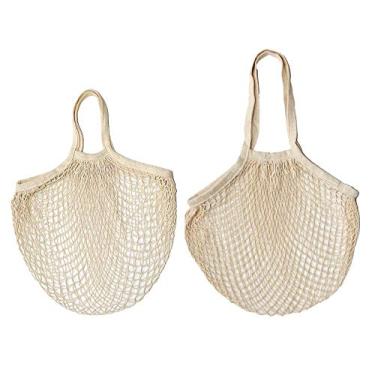 Imagem de 2 Pacote de Sacolas Mercearia Malha Algodão Reutilizáveis Laváveis Compra Portáteis para Legumes Frutas Comida Mercado Praia Trilhas Camping Viagens