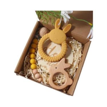 Imagem de Mordedor De Silicone Em Forma De Coelho E Chocalho De Madeira, Conjunt