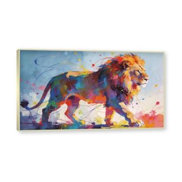 Imagem de NHLDZYH Moldura dourada. Arte abstrata de respingos de leão, pintura colorida de animais em tela, decoração de parede expressiva moderna para sala de estar ou escritório. A127. 70 x 125 cm - 27,6 x