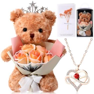 Imagem de PullCrease Buquê de flores de rosa laranja com urso, buquê de rosas artificiais, caixa de presente com urso de pelúcia, cartão de felicitações, presente de amor para mulheres, mãe, esposa, dia dos
