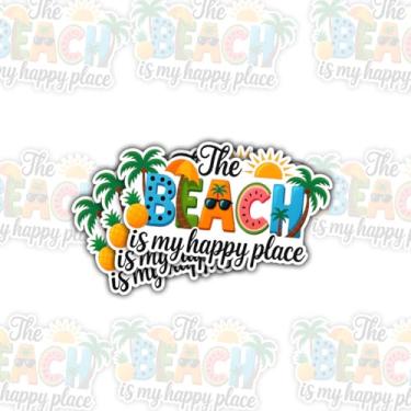 Imagem de Adesivo de 3 peças The Beach is My Happy Place, letras tropicais coloridas, abacaxi, palmeira, guarda-sol, guarda-sol, férias, verão, citação decalque para amantes de praia, viajantes, estudantes