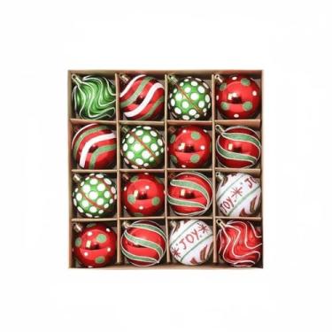 Imagem de Conjunto de enfeites de bola de Natal, vermelho verde branco, plástico inquebrável, 16 peças com listras, bolinhas, texto de alegria, designs de floco de neve, caixa de 24 x 24 x 6 cm