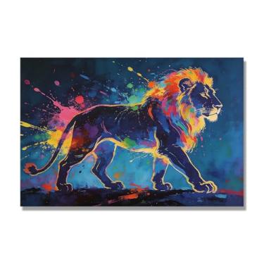 Imagem de NHLDZYH Respingo de tinta leão pintura em tela abstrata arte animal mural vívido chama a atenção para sala de estar decoração de casa moderna. A82. 80 x 120 cm. Apenas tela