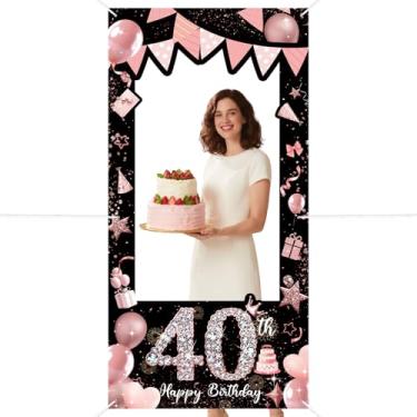 Imagem de Banner de aniversário de 40 anos com glitter rosa balão de lantejoulas cenário para fotografia de festa de aniversário brilhante moldura de banner rosto no buraco adereços de foto fundo de selfie