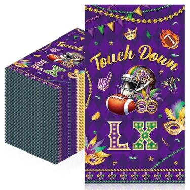 Imagem de 100 guardanapos de carnaval, guardanapos de festa de futebol Touchdown LX, máscara dourada roxa com contas de decoração de mesa para o dia do jogo, suprimentos de celebração de terça-feira gorda