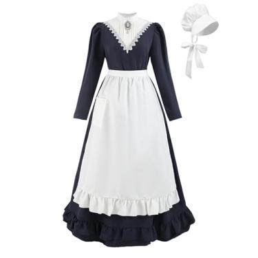 Imagem de LTAKK Vestido feminino de pioneiro, fantasia colonial, vestidos de peregrino da pradaria com avental, chapéu e broche, azul-marinho, grande