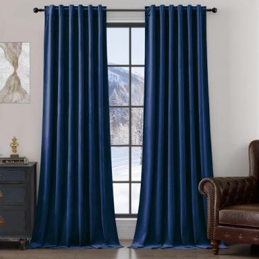 Imagem de Cortinas blecaute de veludo azul marinho extralongas supermacias cortinas escurecendo o ambiente elegante cortina redutora de som com isolamento térmico para quarto e sala de estar, bolso traseiro da