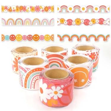 Imagem de EggSun 6 rolos de decoração de quadro de avisos Boho de 63 m, rolo de bordas de quadro de avisos para sala de aula, acabamento recortado Boarders para decoração de escritório com tema de volta às