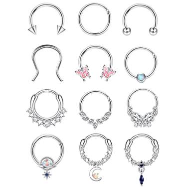 Imagem de IRONBOX 12 peças 16G anéis de septo para mulheres homens, aço cirúrgico, joia de nariz para septo, ferradura, hélice, tragus, cartilagem, brincos de argola, piercing de septo e nariz, Aço inoxidável, aço inoxidável
