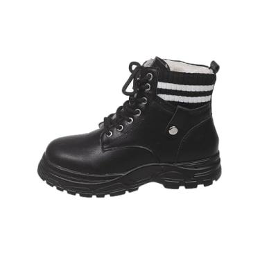 Imagem de Botas curtas femininas casuais quentes de inverno com cadarço frontal bico redondo de sola grossa para estilo de tornozelo, Preto, 36
