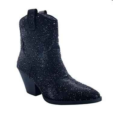 Imagem de ABSOLEX Bota feminina Western Cowgirl Cowboy bico fino strass tornozelo, Preto, 34