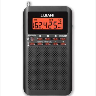 Imagem de Rádio FM NOAA Weather AM portátil operado por 2 pilhas AA com fone de ouvido estéreo, visor LCD, despertador digital, temporizador de sono, alto-falante embutido