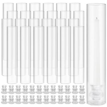 Imagem de Teenyyou Conjunto de 24 castiçais de vidro Hurricane de 30 cm em formato de tubo sem fundo e castiçal transparente de 5,5 cm para mesa de festa de casamento (clássico)