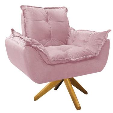 Imagem de Poltrona Opala Base Giratória de Madeira Suede Rosa Bebê - Doce Sonho 