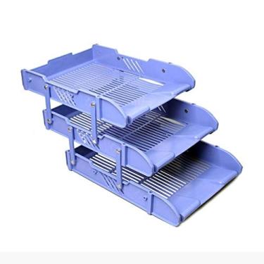 Imagem de U5GAAALPPQ9 Bandeja de letras de 3 camadas, organizador de arquivos de mesa de plástico, bandeja de cartas, bandeja de documentos (cor: cinza) (azul)