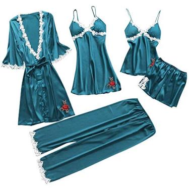 Imagem de 3FLQOOPP Conjuntos de Lingerie Feminina Plus Conjuntos de Pijama Feminino de Seda Sintética Conjuntos de Pijamas Elegante Sexy Renda Homewear Decote em V Azul_3GG