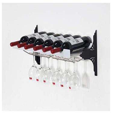 Imagem de HHHJQFAAT Prateleiras de vinho, 6 garrafas de metal rack de vinho estilo industrial suporte de garrafa montado na parede decoração de cozinha suporte de vinho/branco (preto)