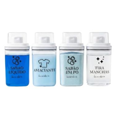 Imagem de Kit 4 Dispensers de Lavanderia 1,5L com Etiquetas para Amaciante, Sabão em Pó, Sabão Líquido, Tira Manchas (Kit branco)
