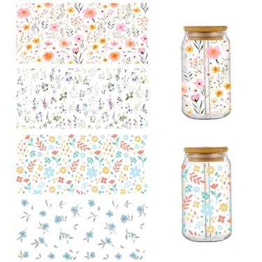 Imagem de Adesivos UV DTF para copos 4 folhas de flores UV DTF adesivos de transferência para decorações de artesanato DIY verão primavera floral copo envoltório para garrafa de água de vidro de 473 ml
