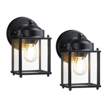 Imagem de LIT-PaTH Lanterna de parede externa, arandela de parede externa à prova d'água, luminária Proch com soquete E26, luzes externas modernas para pátio de garagem da porta da frente, preto, pacote com 2