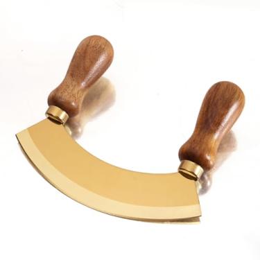 Imagem de ROQILA Faca mezzaluna de aço inoxidável de 13 cm - Cortador de salada, roqueiro, cortador de pizza, lâmina afiada, cabo duplo de madeira de acácia, picador de frutas e vegetais (ouro de 14 cm)