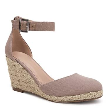 Imagem de Coziavenue Sandália feminina de bico fechado, alpargatas, salto plataforma, tira no tornozelo, fivela, Caqui, 39