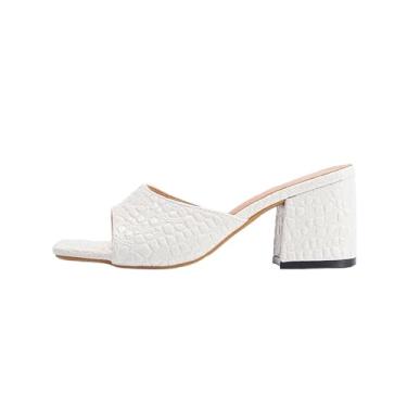 Imagem de Sandálias femininas de salto alto com tira única com bico quadrado e salto grosso, sandálias deslizantes casuais de verão para uso ao ar livre., Branco, 36