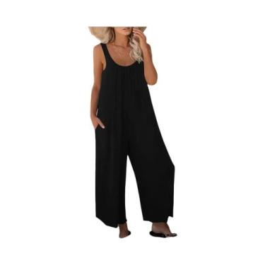 Imagem de Macacão Feminino Solto De Perna Larga Sem Mangas Com Decote Redondo, C