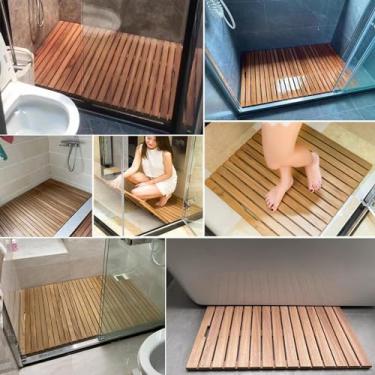Imagem de Tapete de chuveiro de madeira teca - Tapete de banho antiderrapante com orifício de drenagem, ideal para uso interno/externo, plataforma de pé durável para spa, banheiros e pisos de pia
