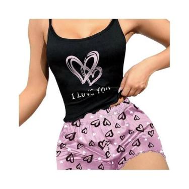 Imagem de Conjunto De Pijamas De Verão Sem Mangas Com Estampa De Coração Em Seda