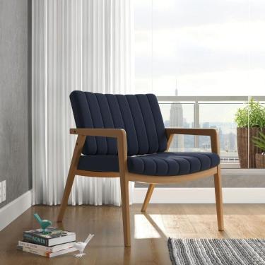 Imagem de Poltrona Decorativa Uxuá Escritório Recepção Linho Azul Marinho Pés De Madeira