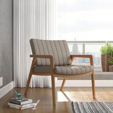 Imagem de Poltrona Decorativa Uxuá Escritório Recepção Linho Marrom Pés De Madeira