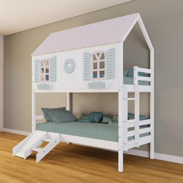 Imagem de Beliche Casinha Bela Com Coração Kit Escada/escorregador - Madeira Maciça Branco/rosa/verde Housin