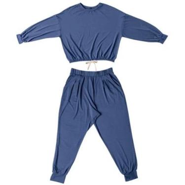 Imagem de Pijama Mash Feminino Blusa Cropped Modal Manga Longa Soft, Azul, GG
