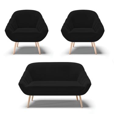 Imagem de Kit 01 Namoradeira 02 Lugares e 02 Poltronas Giovana Linho Preto A79 Pés Palito Natural - D'Rossi