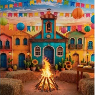 Imagem de Painel Retangular de Lona Festa Junina Arraia Fogueira Bandeirinhas Va