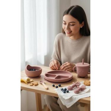 Imagem de 2x Kit Alimentação Bebê Silicone Ventosa Bordô 6-12 Meses - Congratula