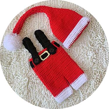 Imagem de Conjunto de acessórios para fotografia de bebê recém-nascido, feito à mão, crochê, tricotado, Papai Noel, chapéu, suspensório, calça, Vermelho e branco., 0-3 months