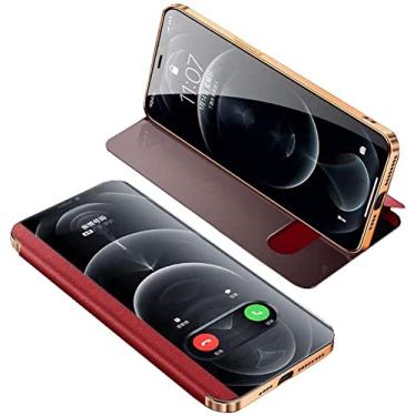 Imagem de CYSUE Capa com função stent para Apple iPhone 12 Mini (2020) 5,4 polegadas, janela de visualização clara fólio capa de telefone de couro à prova de choque (cor: vermelho)